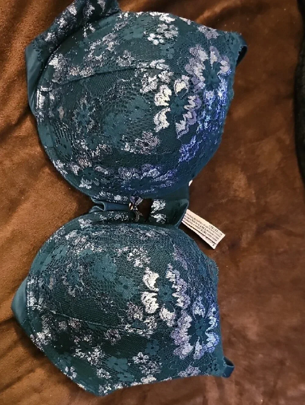 Victoria's Secret Teal Lace Underwire Bra with Floral Overlay